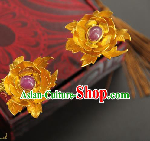 China Ancient Court Queen Golden Peony Hairpin Traditional Handmade Hair Stick Ming Dynasty Hair Accessories