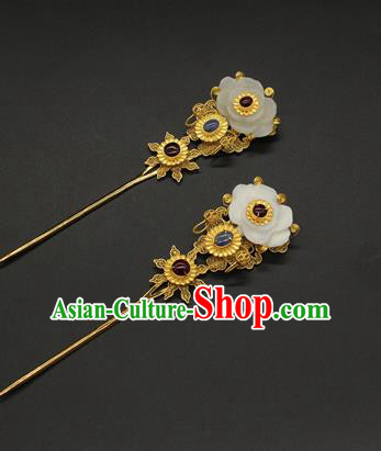 China Traditional Handmade Hair Stick Ming Dynasty Hair Accessories Ancient Court Queen Jade Sunflower Hairpin