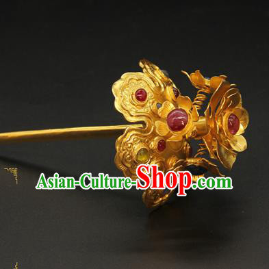 China Traditional Ming Dynasty Hair Accessories Handmade Hair Stick Ancient Court Queen Golden Peony Hairpin