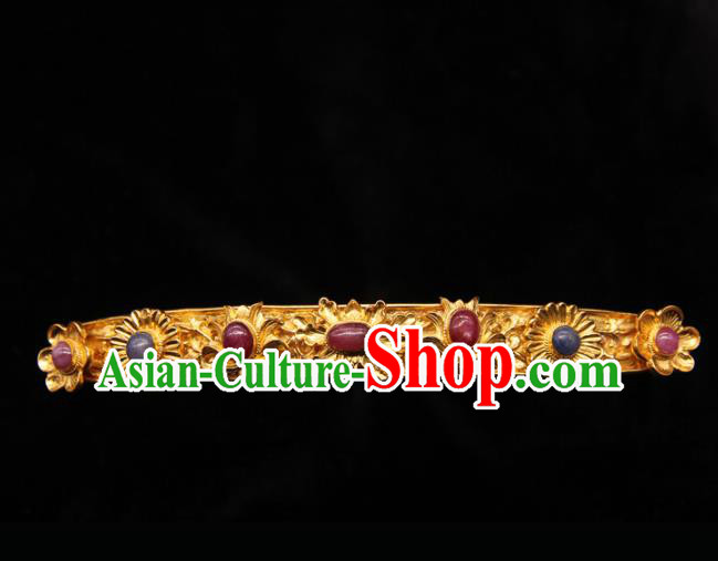 China Traditional Ming Dynasty Golden Hairpin Handmade Hair Accessories Ancient Imperial Consort Ruby Hair Crown