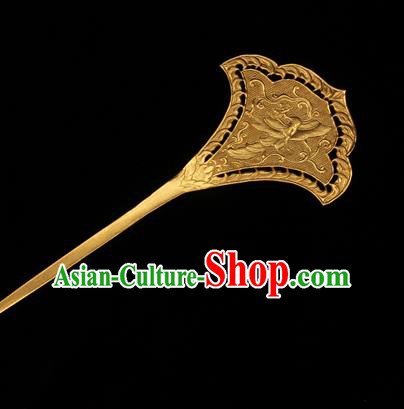 China Traditional Tang Dynasty Golden Hairpin Handmade Hair Accessories Ancient Imperial Consort Carving Phoenix Hair Stick