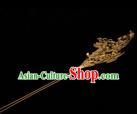 China Hanfu Golden Phoenix Hair Stick Traditional Tang Dynasty Queen Hair Accessories Handmade Ancient Empress Hairpin