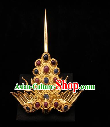 China Ancient Imperial Consort Gems Hairpin Handmade Hair Accessories Traditional Ming Dynasty Phoenix Hair Stick