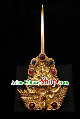 China Ancient Imperial Consort Phoenix Hairpin Handmade Hair Accessories Traditional Ming Dynasty Golden Buddha Hair Stick