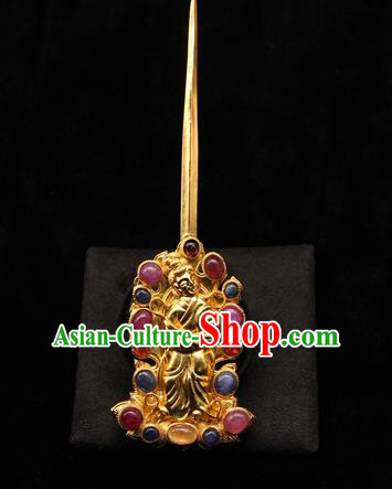 China Handmade Hair Accessories Traditional Ming Dynasty Golden Hair Stick Ancient Imperial Consort Gems Hairpin