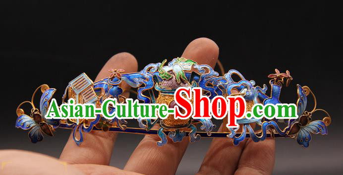 China Ancient Empress Hairpin Traditional Queen Hair Accessories Handmade Qing Dynasty Blueing Butterfly Flowers Hair Crown