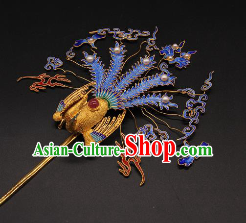 China Ancient Queen Hairpin Traditional Court Hair Accessories Handmade Qing Dynasty Blueing Phoenix Hair Stick