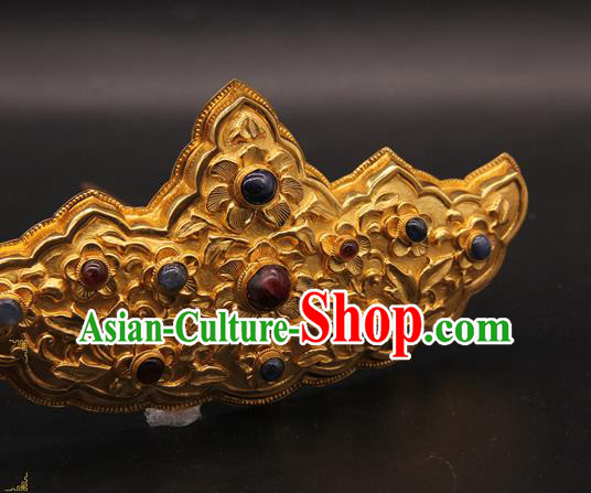 China Ancient Queen Golden Hairpin Handmade Ming Dynasty Court Gems Hair Crown Traditional Wedding Hair Accessories