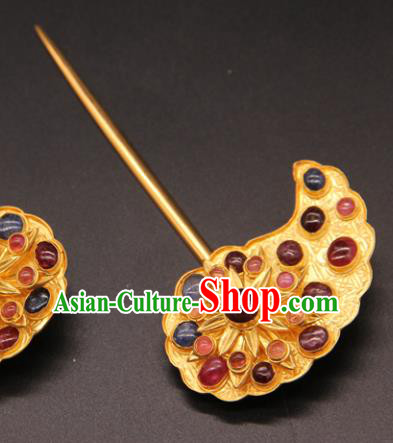 China Ancient Queen Golden Hairpin Handmade Ming Dynasty Empress Gems Hair Stick Traditional Court Hair Accessories