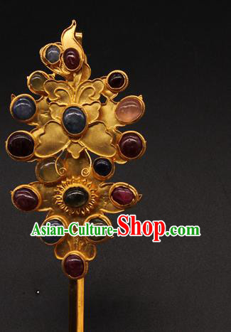 China Ancient Queen Gems Hairpin Traditional Court Hair Accessories Handmade Ming Dynasty Empress Hair Stick