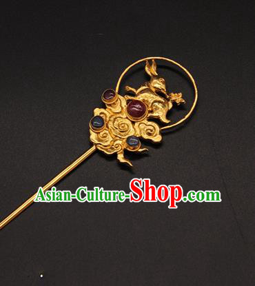 China Handmade Ming Dynasty Empress Gems Hairpin Ancient Queen Golden Cloud Hair Stick Traditional Court Hair Accessories