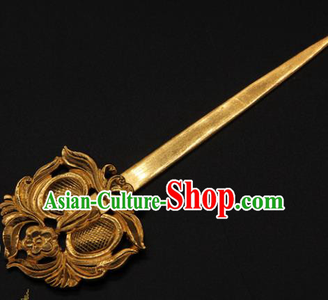 China Handmade Yuan Dynasty Hairpin Ancient Empress Golden Hair Stick Traditional Palace Hair Accessories