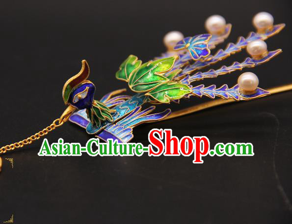 China Traditional Qing Dynasty Queen Hair Accessories Handmade Ancient Empress Hairpin Blueing Phoenix Hair Stick