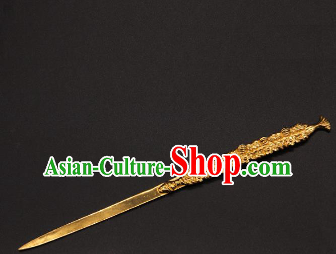 China Handmade Tang Dynasty Carving Hairpin Traditional Palace Hair Accessories Ancient Empress Golden Hair Stick