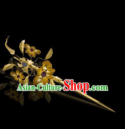 China Traditional Ancient Ming Dynasty Empress Hair Accessories Handmade Palace Golden Flowers Hairpin