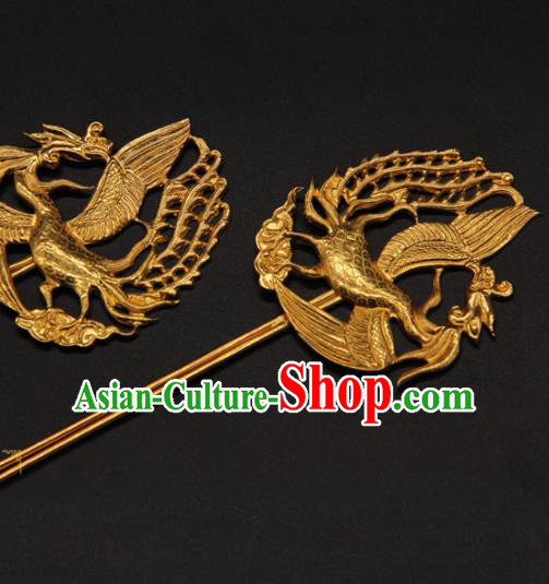 China Traditional Ming Dynasty Empress Golden Phoenix Hairpin Ancient Hanfu Hair Stick Handmade Palace Hair Accessories