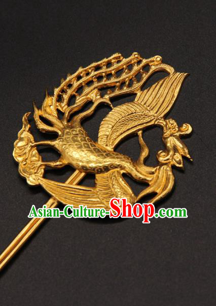 China Traditional Ming Dynasty Empress Golden Phoenix Hairpin Ancient Hanfu Hair Stick Handmade Palace Hair Accessories