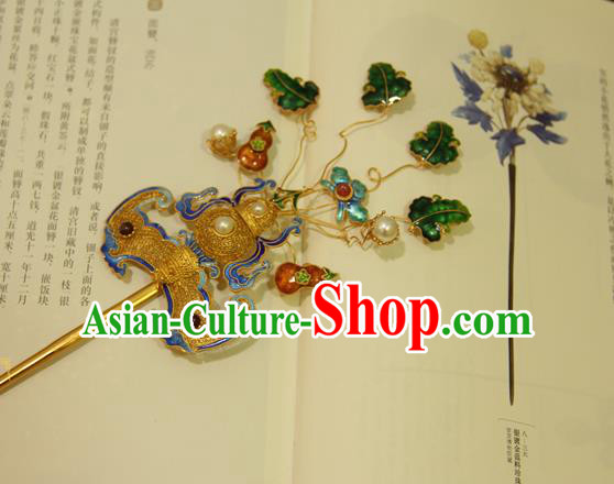 China Ancient Qing Dynasty Empress Golden Gourd Bat Hairpin Handmade Palace Woman Hair Stick Traditional Queen Headpiece