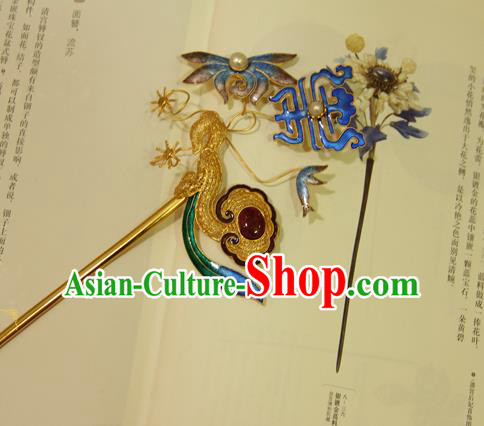 China Handmade Palace Woman Blueing Chrysanthemum Hair Stick Traditional Queen Headpiece Ancient Qing Dynasty Empress Ruby Hairpin