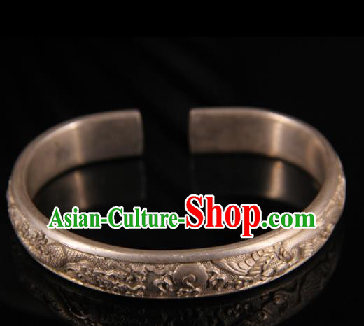 Handmade Chinese Ancient Qing Dynasty Carving Silver Bangle Accessories Traditional Court Bracelet Jewelry