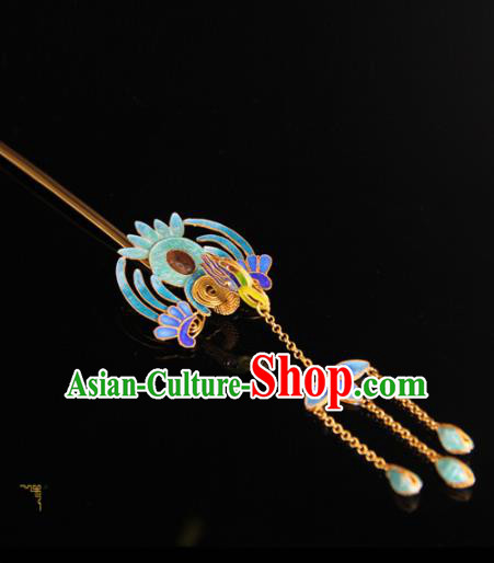 China Ancient Qing Dynasty Empress Tassel Hairpin Handmade Palace Queen Enamel Phoenix Hair Stick Traditional Court Headpiece