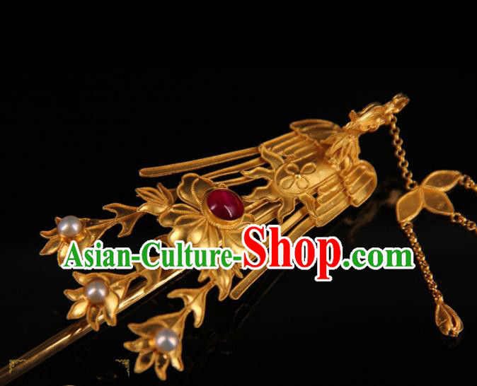 China Ancient Qing Dynasty Empress Golden Phoenix Hairpin Traditional Palace Headpiece Handmade Queen Tassel Hair Stick