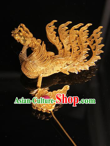 China Ancient Traditional Palace Headpiece Ming Dynasty Empress Hairpin Handmade Queen Golden Phoenix Hair Stick