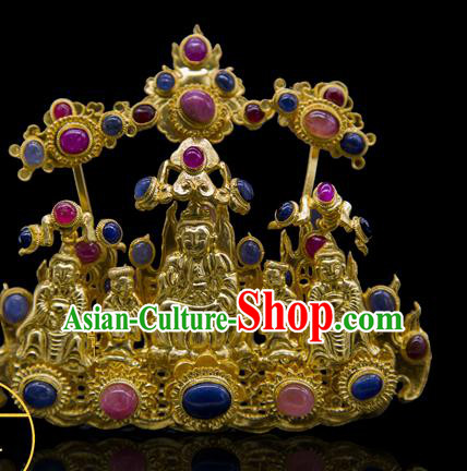 China Traditional Ming Dynasty Palace Gems Hair Accessories Handmade Court Hairpin Ancient Empress Golden Buddha Hair Crown