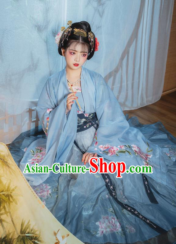 China Ancient Palace Princess Embroidered Clothing Traditional Blue Hanfu Dress Tang Dynasty Court Lady Costumes