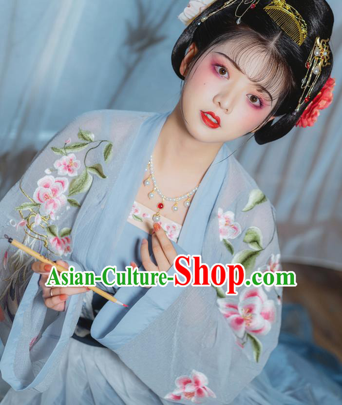 China Ancient Palace Princess Embroidered Clothing Traditional Blue Hanfu Dress Tang Dynasty Court Lady Costumes