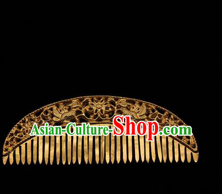 China Traditional Handmade Carving Hairpin Tang Dynasty Hair Accessories Ancient Empress Golden Hair Comb