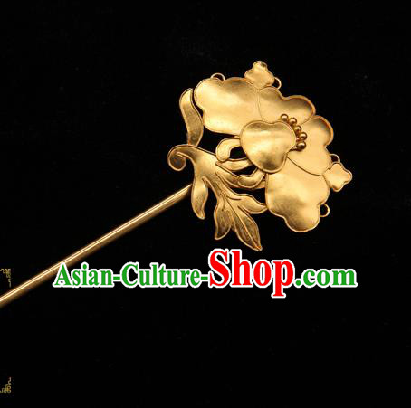 China Traditional Handmade Golden Peony Hairpin Qing Dynasty Hair Accessories Ancient Empress Hair Stick