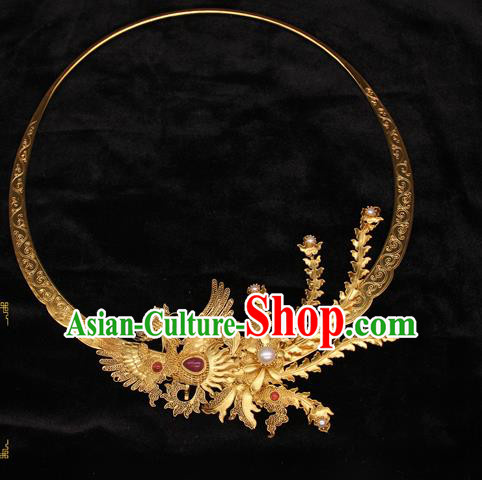 Handmade Chinese Traditional Ancient Ming Dynasty Imperial Consort Phoenix Necklace Accessories Golden Necklet Jewelry