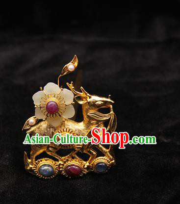 China Ancient Empress Golden Deer Hairpin Handmade Hair Accessories Traditional Ming Dynasty Jade Plum Hair Crown