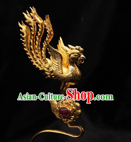 China Traditional Ming Dynasty Golden Phoenix Hair Stick Handmade Hair Accessories Ancient Imperial Consort Hairpin