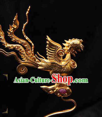 China Ancient Imperial Consort Hairpin Handmade Hair Accessories Traditional Ming Dynasty Golden Phoenix Hair Stick