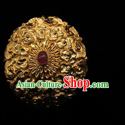 China Traditional Ming Dynasty Imperial Consort Golden Hair Stick Handmade Hair Accessories Ancient Palace Ruby Hairpin