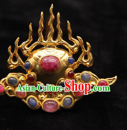 China Ancient Empress Golden Flame Hairpin Handmade Hair Accessories Traditional Ming Dynasty Gems Hair Crown