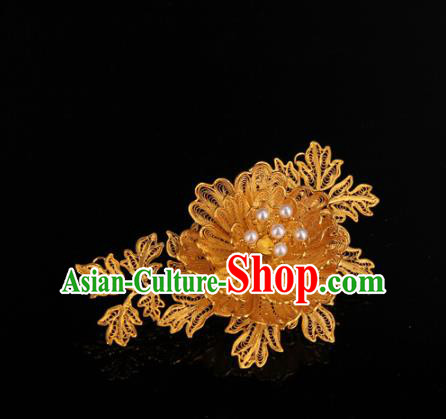 Handmade Chinese Ancient Qing Dynasty Accessories Traditional Court Golden Peony Brooch Jewelry