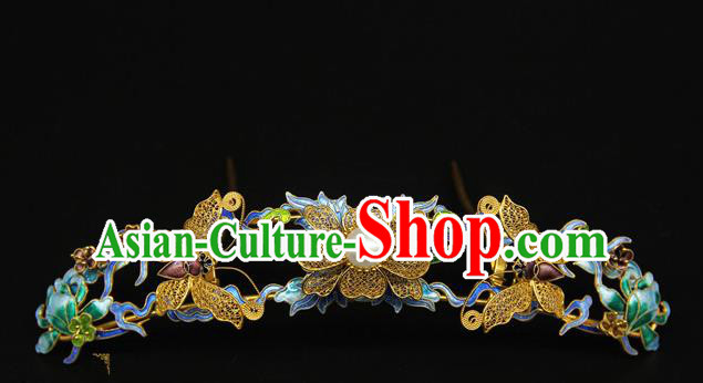 China Ancient Qing Dynasty Empress Golden Butterfly Hairpin Traditional Palace Headpiece Handmade Queen Blueing Hair Crown