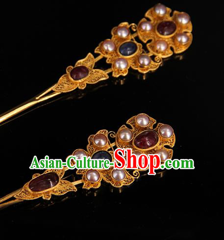 China Handmade Queen Pearls Hair Stick Traditional Palace Headpiece Ancient Ming Dynasty Empress Ruby Hairpin