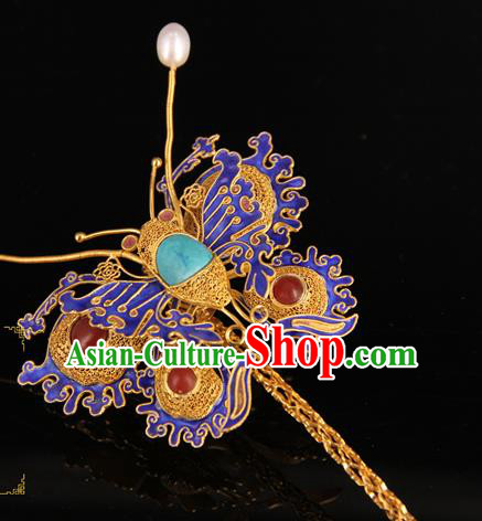 China Handmade Queen Gems Hair Stick Traditional Palace Headpiece Ancient Ming Dynasty Empress Cloisonne Butterfly Hairpin