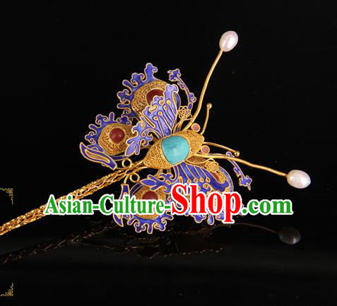 China Handmade Queen Gems Hair Stick Traditional Palace Headpiece Ancient Ming Dynasty Empress Cloisonne Butterfly Hairpin