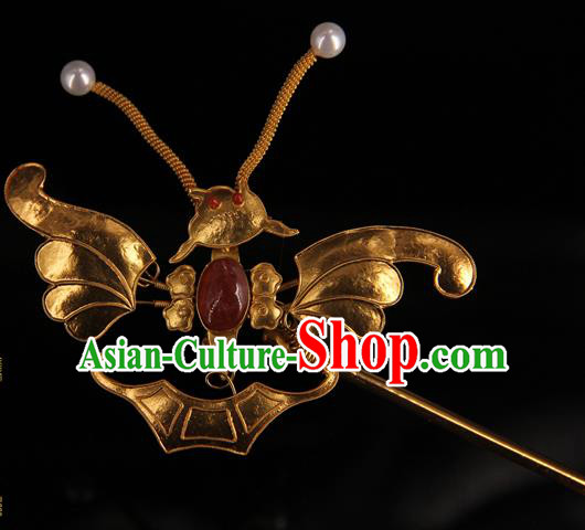 China Handmade Queen Ruby Hair Stick Traditional Palace Headpiece Ancient Qing Dynasty Empress Golden Butterfly Hairpin