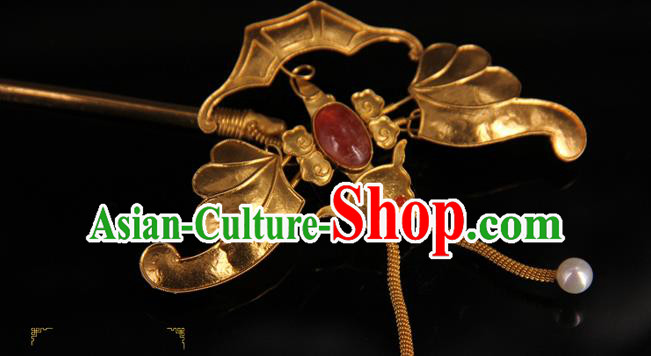 China Handmade Queen Ruby Hair Stick Traditional Palace Headpiece Ancient Qing Dynasty Empress Golden Butterfly Hairpin