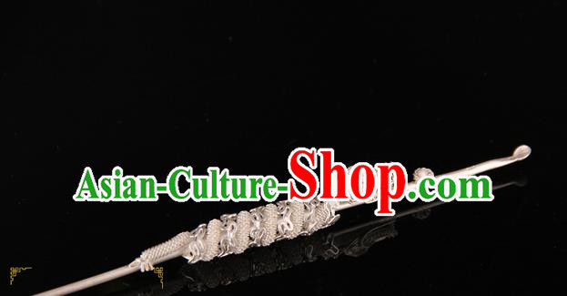 China Ancient Emperor Silver Dragon Head Hairpin Traditional Ming Dynasty Lord Hair Stick