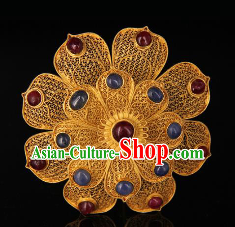 China Handmade Queen Gems Hair Crown Traditional Palace Headpiece Ancient Ming Dynasty Empress Golden Peony Hairpin