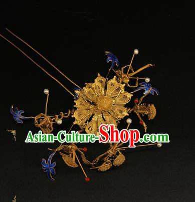 China Handmade Queen Golden Peony Hair Stick Traditional Palace Headpiece Ancient Qing Dynasty Empress Cloisonne Hairpin