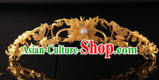 China Handmade Queen Golden Butterfly Hair Crown Traditional Palace Headpiece Ancient Ming Dynasty Empress Pearl Hairpin