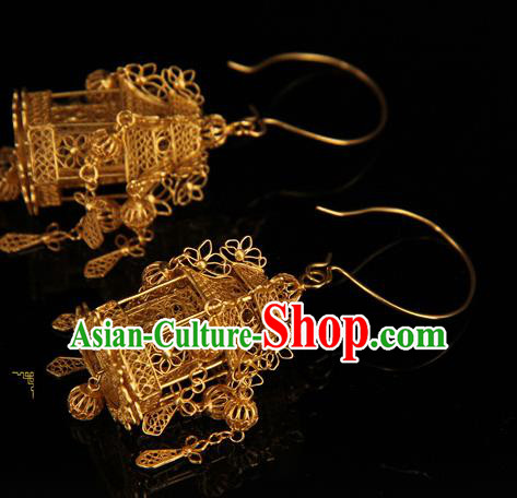 Handmade Chinese Traditional Court Golden Lantern Earrings Jewelry Ancient Qing Dynasty Ear Accessories